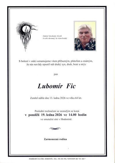 Smuteční oznámení – Lubomir Fic