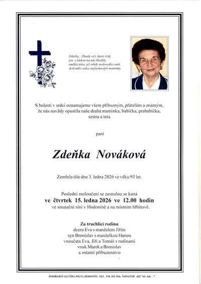 Smuteční oznámení – Zdenka Novakova