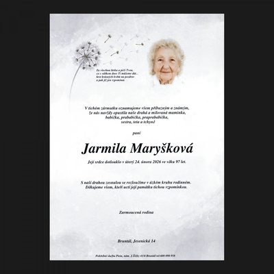 Smuteční oznámení – Jarmila Maryšková
