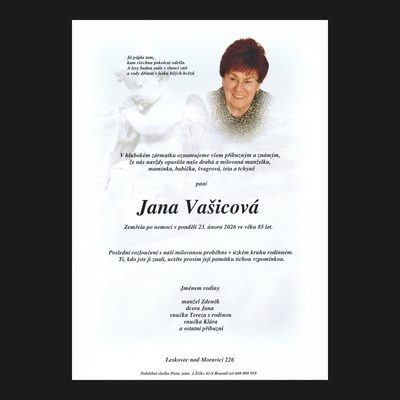 Smuteční oznámení – Jana Vašicová