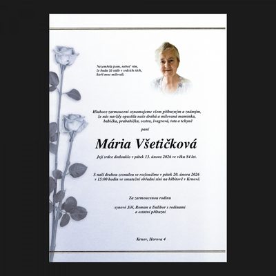 Smuteční oznámení – Mária Všetičková