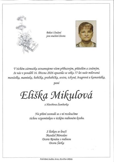 Smuteční oznámení – Eliška Mikulová