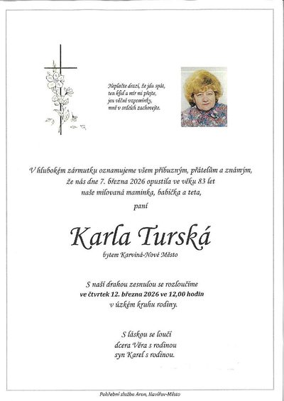 Smuteční oznámení – Karla Turská