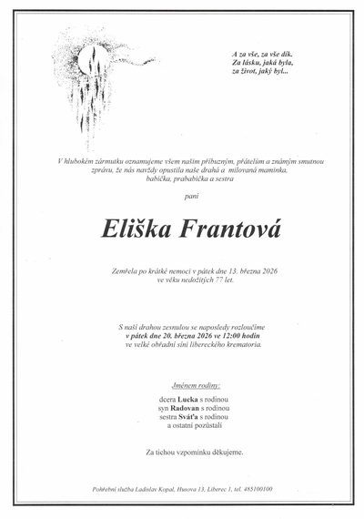 Smuteční oznámení – Eliška Frantová