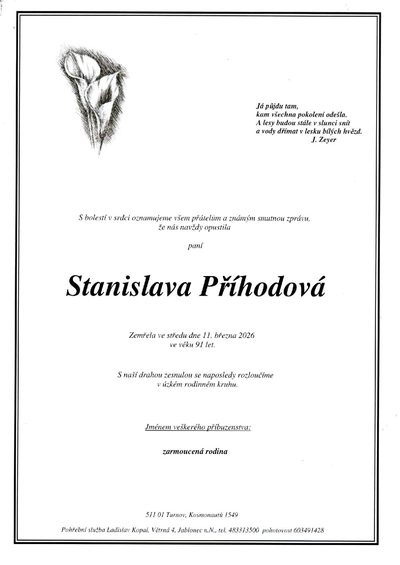 Smuteční oznámení – Stanislava Příhodová