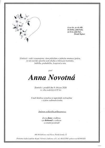 Smuteční oznámení – Anna Novotná