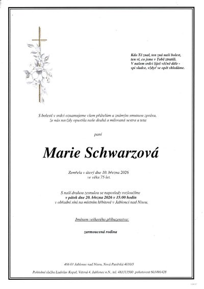 Smuteční oznámení – Marie Schwartzová