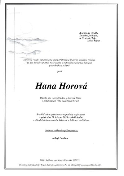 Smuteční oznámení – Hana Horová