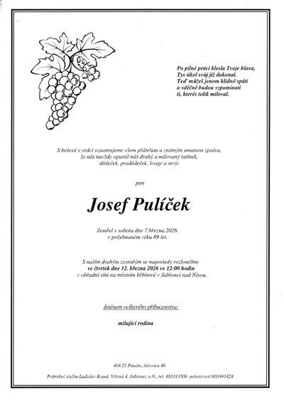 Smuteční oznámení – Josef Pulíček