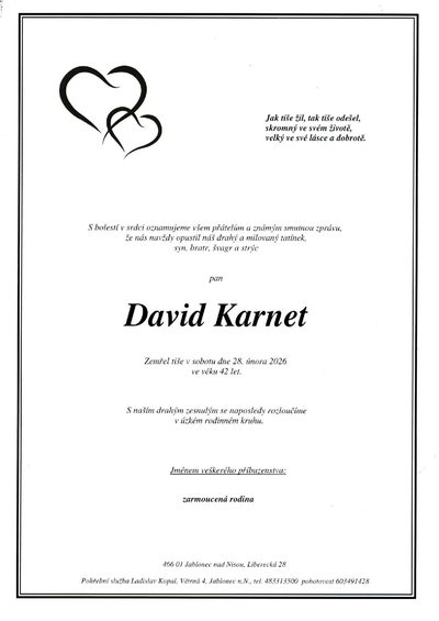Smuteční oznámení – David Karnet