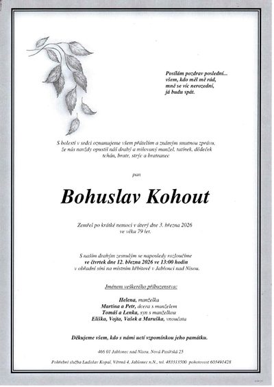 Smuteční oznámení – Bohuslav Kohout