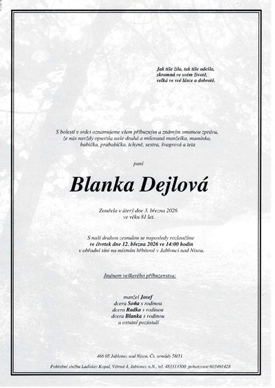 Smuteční oznámení – Blanka Dejlová