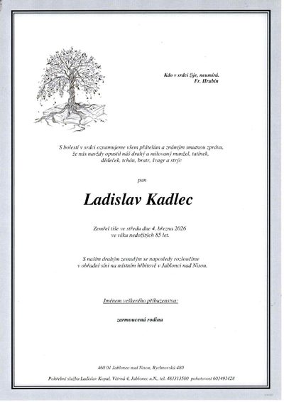 Smuteční oznámení – Ladislav Kadlec
