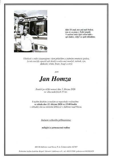 Smuteční oznámení – Jan Homza