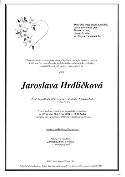 Smuteční oznámení – Jaroslava Hrdličková