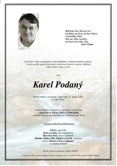 Smuteční oznámení – Karel Podaný