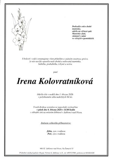 Smuteční oznámení – Irena Kolovratníková