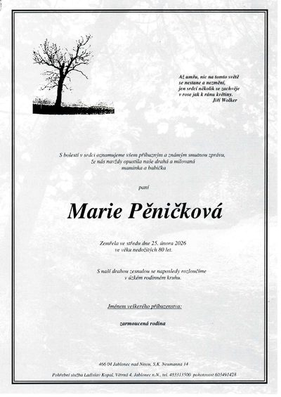 Smuteční oznámení – Marie Pěničková