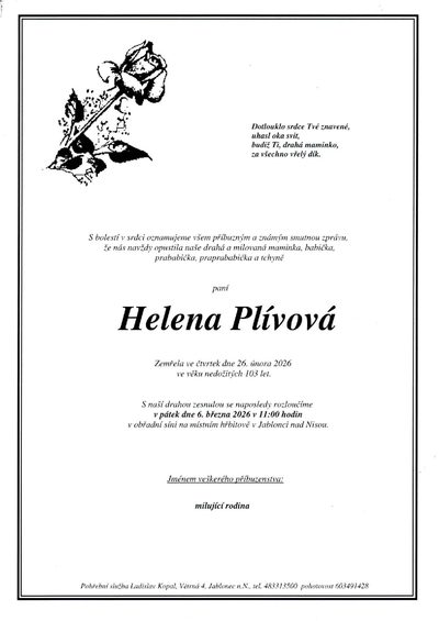 Smuteční oznámení – Helena Plívová