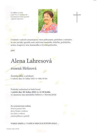 Smuteční oznámení – Alena Lahresová