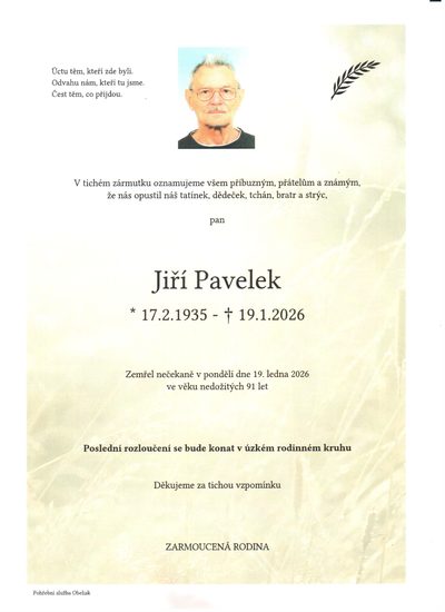 Smuteční oznámení – Jiří Pavelek