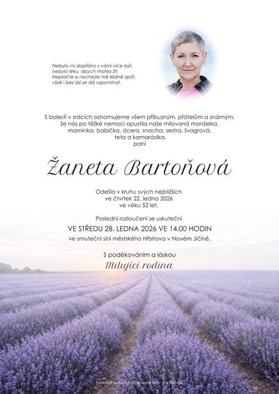 Smuteční oznámení – Žaneta Bartoňová