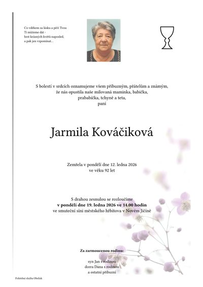 Smuteční oznámení – Jarmila Kováčiková