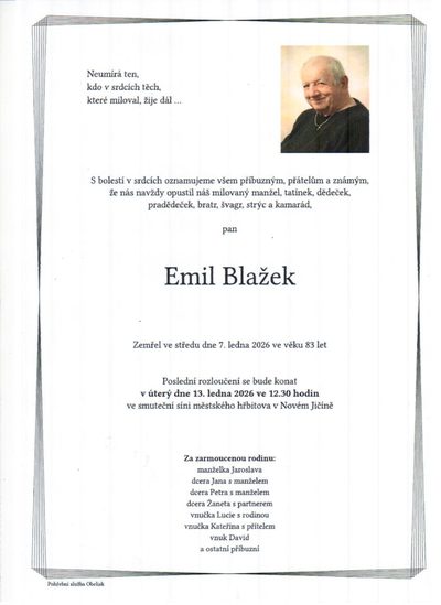 Smuteční oznámení – Emil Blažek