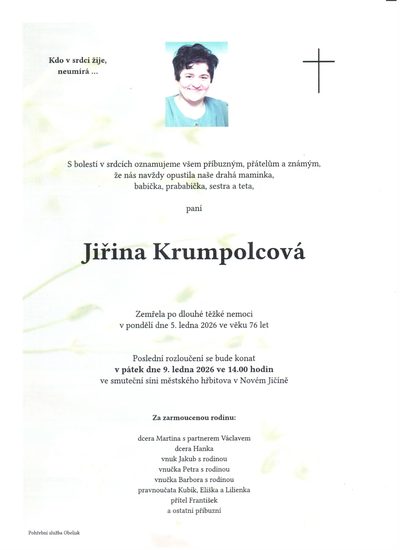Smuteční oznámení – Jiřina Krumpolcová