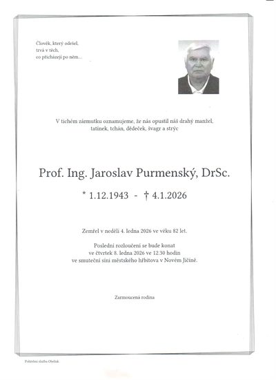 Smuteční oznámení – Jaroslav Purmenský, DrSc.
