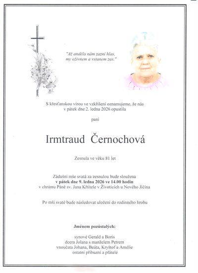Smuteční oznámení – Irmtraud Černochová