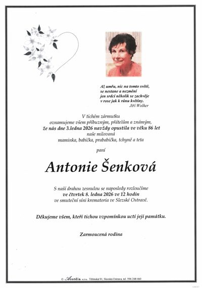 Smuteční oznámení – Antonie Šenková