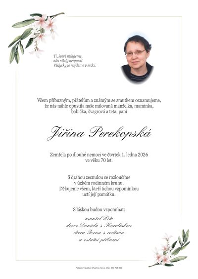 Smuteční oznámení – Jiřina Perekopská