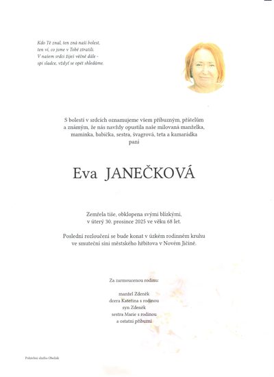 Smuteční oznámení – Eva Janečková