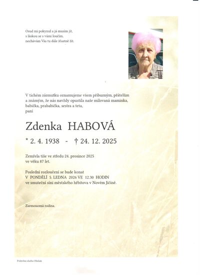 Smuteční oznámení – Zdenka Habová