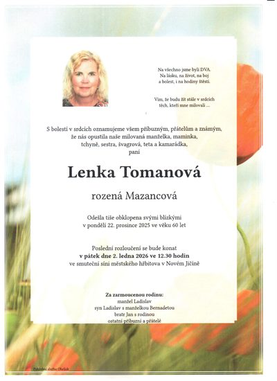 Smuteční oznámení – Lenka Tomanová