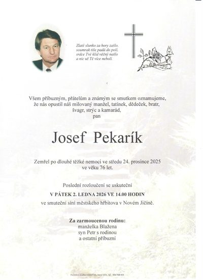 Smuteční oznámení – Josef Pekarík