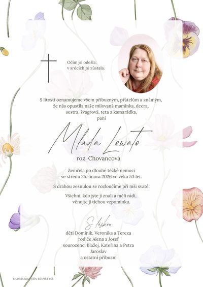 Smuteční oznámení – Mlada Lowato
