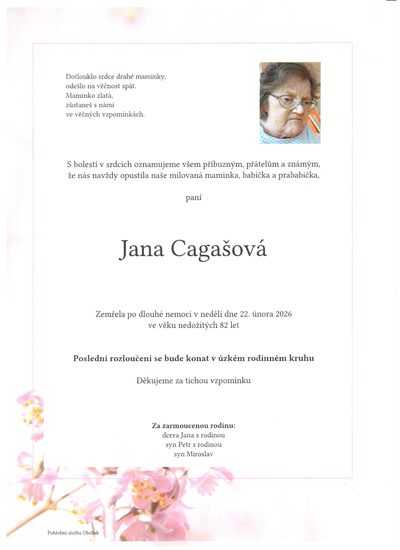 Smuteční oznámení – Jana Cagašová