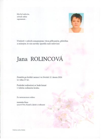 Smuteční oznámení – Jana Rolincová