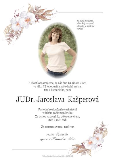 Smuteční oznámení – Jaroslava Kašperová