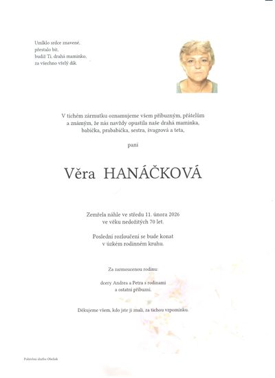 Smuteční oznámení – Věra Hanáčková