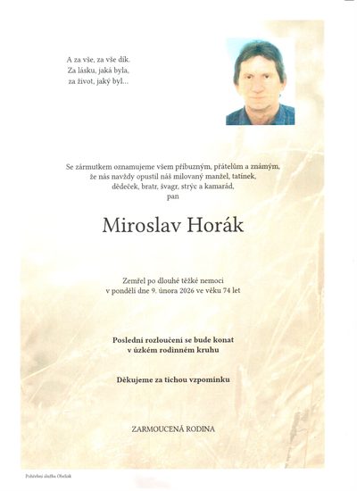 Smuteční oznámení – Miroslav Horák