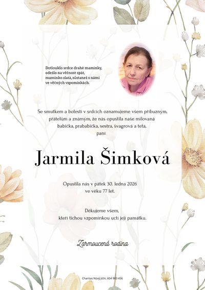 Smuteční oznámení – Jarmila Šimková