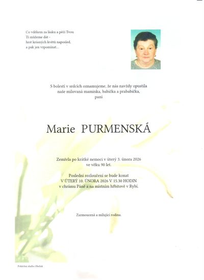 Smuteční oznámení – Marie Purmenská
