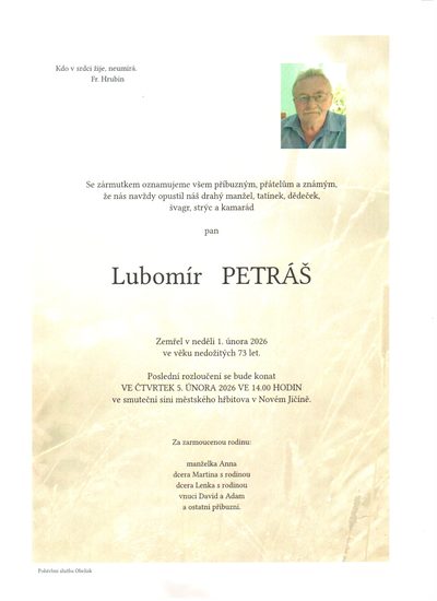 Smuteční oznámení – Lubomír Petráš