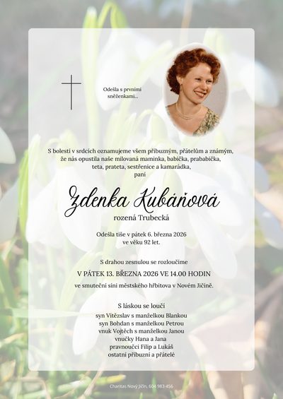 Smuteční oznámení – Zdenka Kubáňová