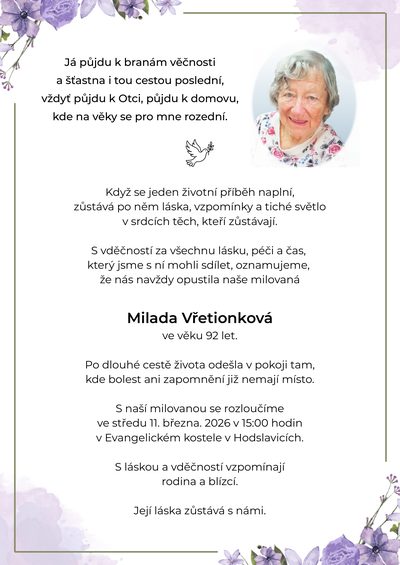 Smuteční oznámení – Milada Vřetionková