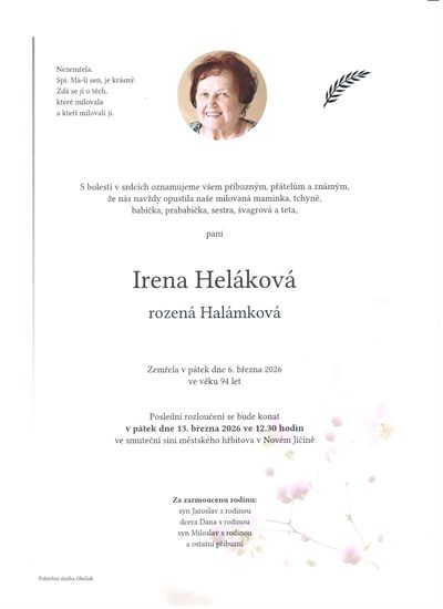 Smuteční oznámení – Irena Heláková