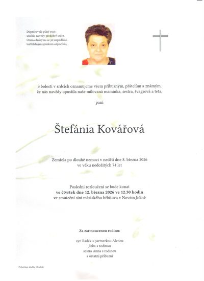 Smuteční oznámení – Štefánia Kovářová